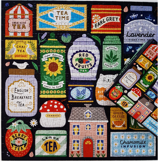 A vibrant jigsaw puzzle shows vintage tea packages with sachets stacked right.