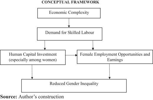 A conceptual framework diagram illustrating the relationship between economic complexity, demand for skilled labor, human capital investment, female employment opportunities, and reduced gender inequality.