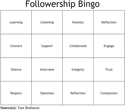 A bingo card titled Followership Bingo with various leadership qualities in each cell.