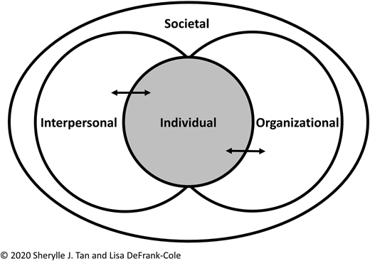 A Venn diagram illustrating the four domains of leadership and gender: Individual, Interpersonal, Organizational, and Societal.