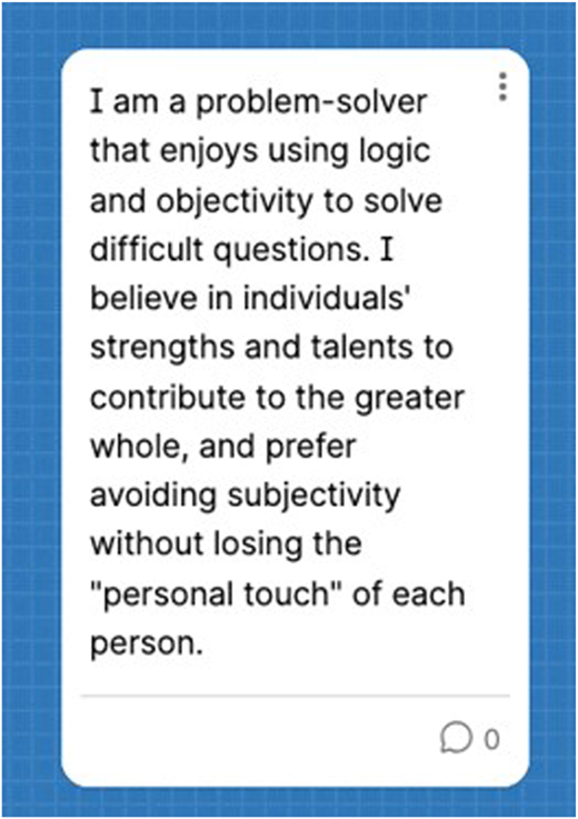 A textbox containing a personal strengths mission statement written by Crystal.