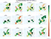 Twelve European maps compare geographical mean A U C distributions across C P V categories using observations of n greater than or equal to 50.