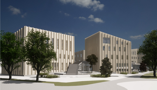A modern campus building complex with rectangular blocks, vertical façade lines, central steps, and surrounding trees under a clear sky.