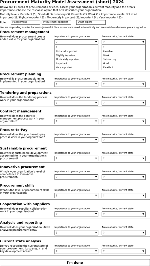 A form titled Procurement Maturity Model Assessment 2024 listing 11 procurement areas with dropdown fields for importance and maturity ratings.