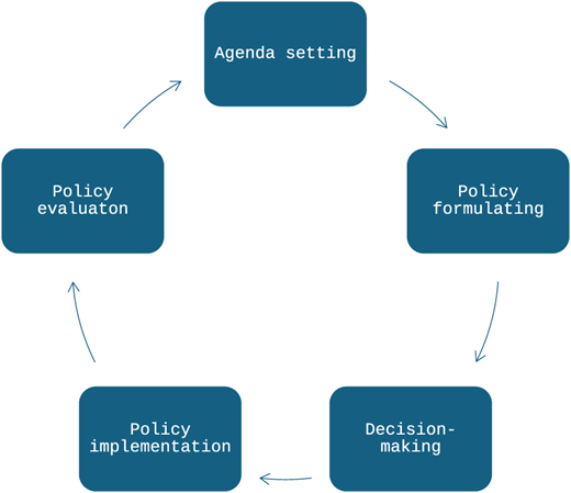 A circular flowchart showing the stages of the policy process.