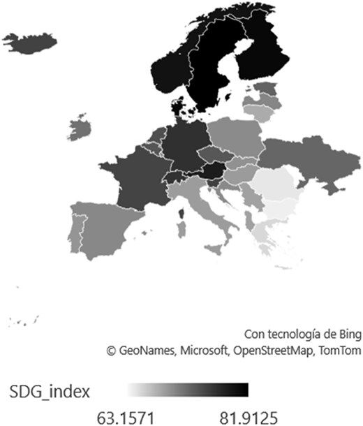 A greyscale map of Europe shaded by intensity, with a gradient bar below indicating the data scale.