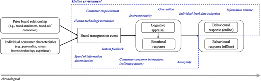 A flowchart illustrating the stages consumers undergo prior to and in response to brand transgressions in the online environment.