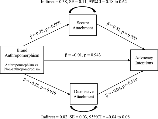 A mediation model shows relationships among brand anthropomorphism, attachment, and advocacy intentions.