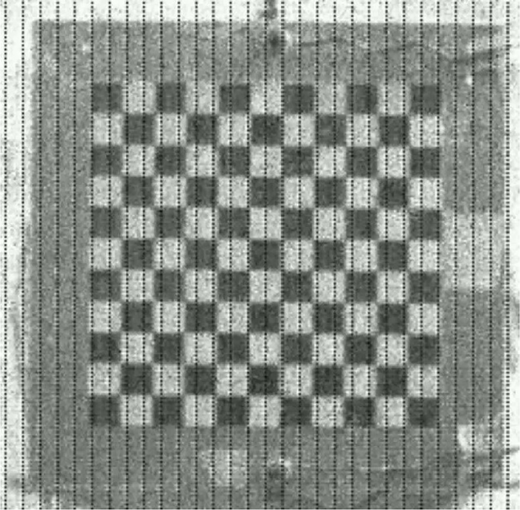 A grayscale checker-pattern target is overlaid with evenly spaced vertical dotted guide lines across the entire image.