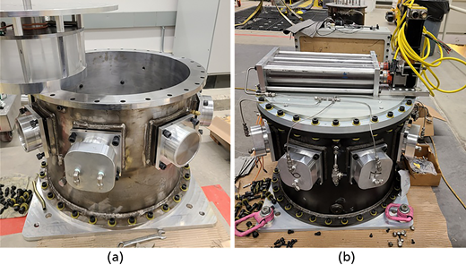 Two panels show an open cylindrical chamber during assembly and the completed chamber with actuators, tubing and fasteners.