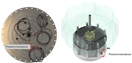 Two panels show pressure transducer placement on a chamber plate and within a three-dimensional chamber model.