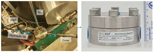 Two views show a back pressure regulator with hydraulic oil inlet and outlet lines, nitrogen supply and centimetre scale.