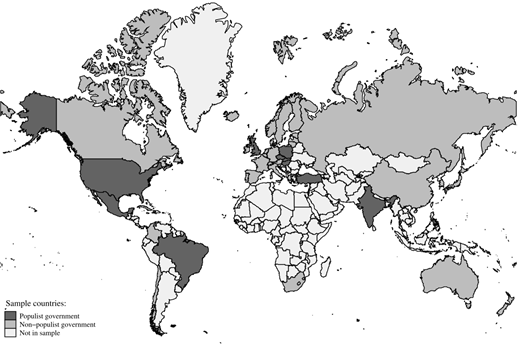 World map showing countries shaded by government type: dark gray for populist, medium gray for non-populist, and light gray for not in sample.