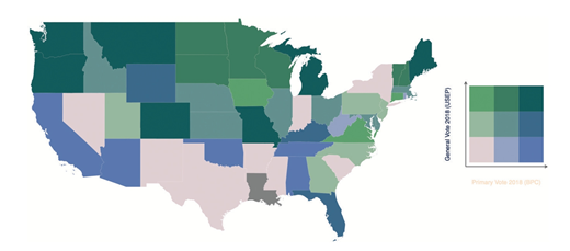 Map of United States showing voter turnout in year twenty eighteen midterm election and primaries using bivariate color gradient.
