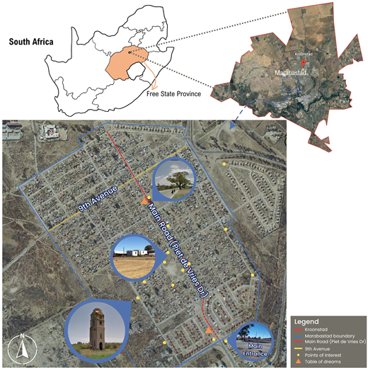 Map showing the Free State Province in South Africa, highlighting Kroonstad and Marabastad with labeled streets and points of interest.