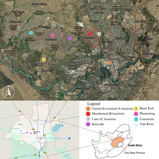A detailed map showing Kroonstad, South Africa, with various locations marked, including Marabastad and Brent Park, and a legend for navigation.