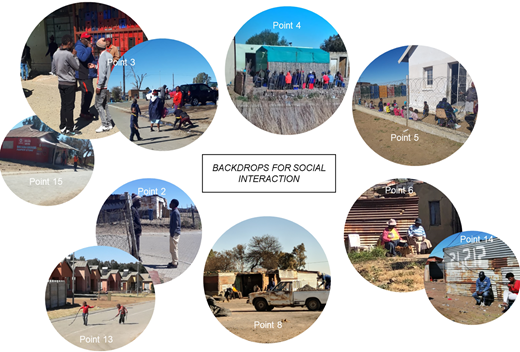 Circular photos show different community interactions, including schooling, street conversations, playing children, seated gatherings, and shopfront scenes.