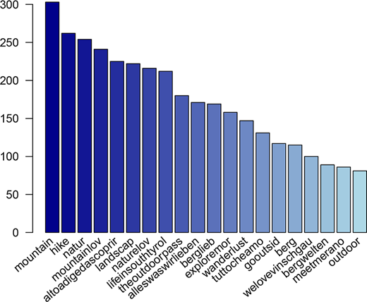 A bar chart titled Top 20 hashtags on Instagram showing the most common hashtags (after stemming), ordered by frequency from ‘mountain’ (about 300 occurrences) to ‘outdoor’ (about 80).