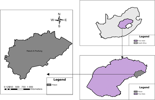 Three linked maps locate Maluti-A-Phofung within Free State and Free State within South Africa, with a north arrow, legends, and scale bar.