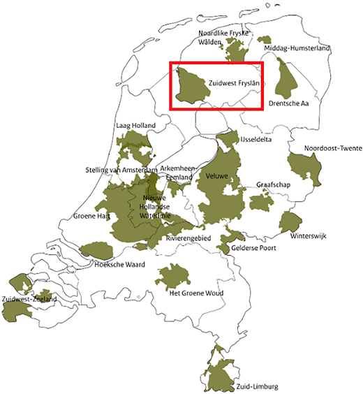 A map of the NEtherlands with the national lanscapes. The National Lanscape Southwest Friesland is highlighted for clarity purposes.