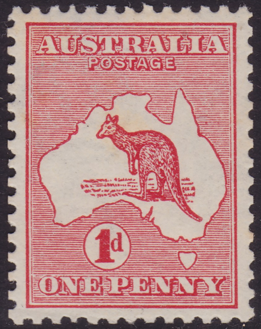 A one-penny Australia postage stamp features a kangaroo over a map of Australia, with perforated edges and a denomination mark.