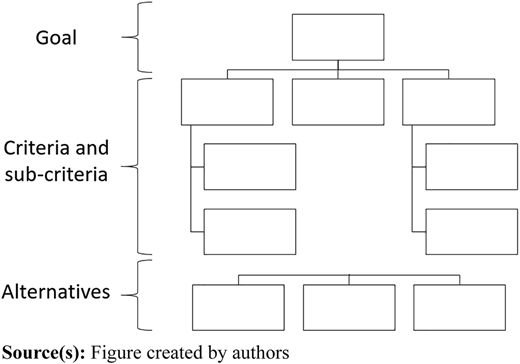 A hierarchical decision structure template used in the A H P method, consisting of three levels arranged vertically.