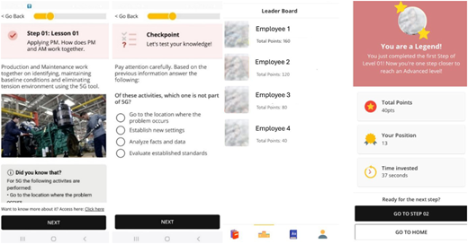 Three connected mobile application screens related to a training module with learning, assessment, and gamified feedback.