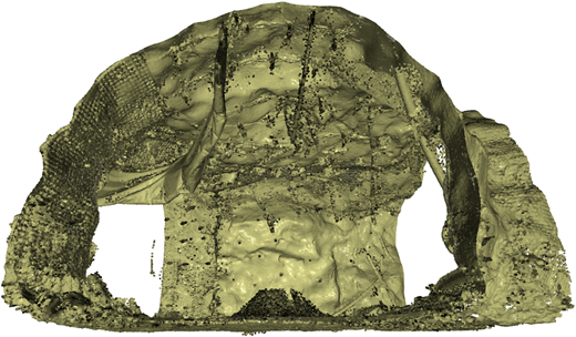 A 3-D point‑cloud rendering shows the interior of a mining tunnel.