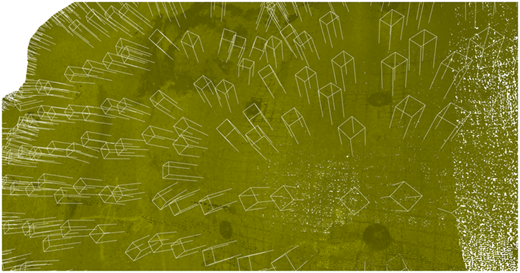 An illustration shows many wireframe boxes radiating across a textured green surface.