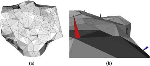 An illustration shows a triangulated rock mesh and a close‑up with red spike markers on its surface.