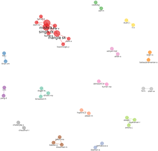 A network diagram shows clusters of author nodes connected by lines, with the largest cluster around “singh k”.