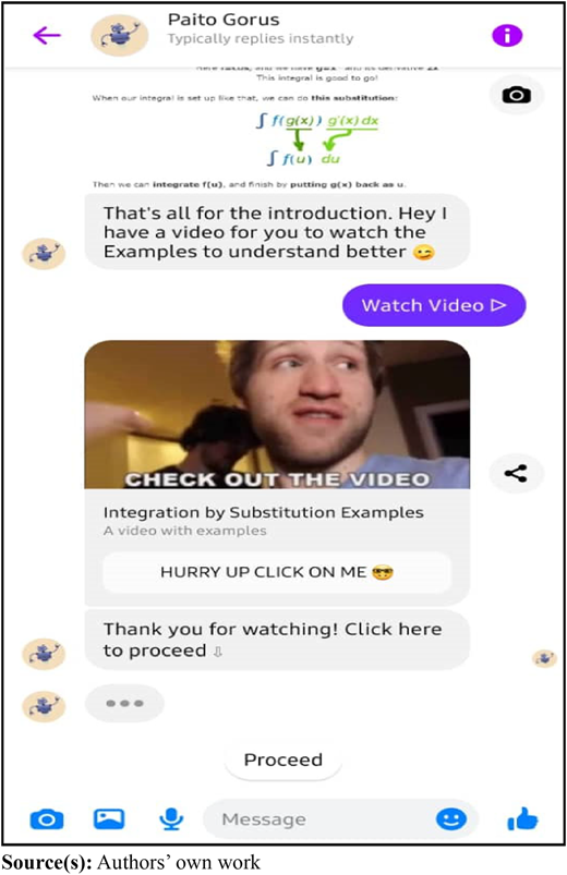 A chat interface showing a conversation about integration by substitution, including a video suggestion.