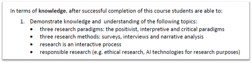 A text outlines knowledge-related learning outcomes for a course.