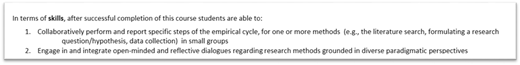 A text outlines two skill-related learning outcomes for a course.