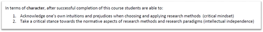 A text outlines two character-related learning outcomes for a course.