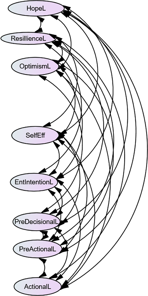 Diagram illustrating connections between psychological constructs such as Hope, Resilience, and Action, represented by labeled ovals and directed lines showing interactions.