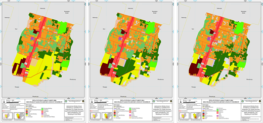 Three side-by-side color-coded maps show varying land-use categories across the same geographic area.