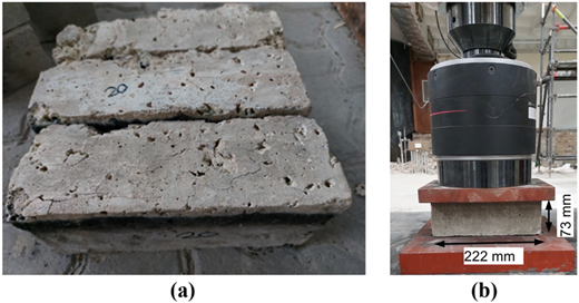 Two photos: (a) three concrete specimens, (b) a concrete specimen under a compression testing machine with dimensions.