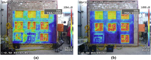 A thermal view of wall panels during fire tests, showing heat distribution across multiple sections.