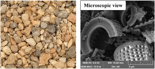 Two photographs showing diatomite aggregate and its microscopic view of porous circular structures with scale bars.