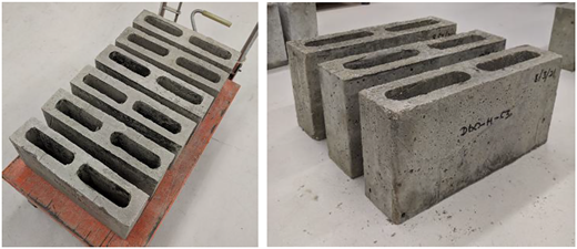 A set of two photos shows rectangular concrete blocks with cavities, stacked and arranged.