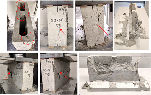 Concrete block crack patterns and failure during compression, with red arrows and circles highlighting damage.