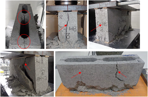 A set of photos shows concrete blocks undergoing testing with visible cracks at various points.