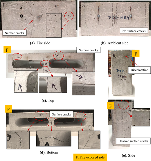 Fire and ambient block faces, top, bottom, and side views show cracks, discoloration, labeled areas, and insets.
