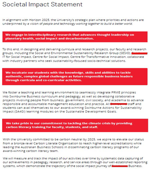 A text page presents a societal impact statement with highlighted commitments on research, education, and carbon literacy actions.