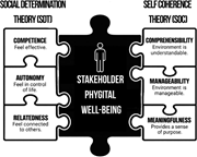 A puzzle model links stakeholder phygital well-being with social determination theory and sense of coherence theory through 6 well-being components.