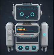 An Educational robot interface shows a daily Module 2 goal, mastery meter, subject controls and command console.