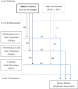 A multilevel conceptual framework links salesperson goal orientations and firm contexts with customer service quality.
