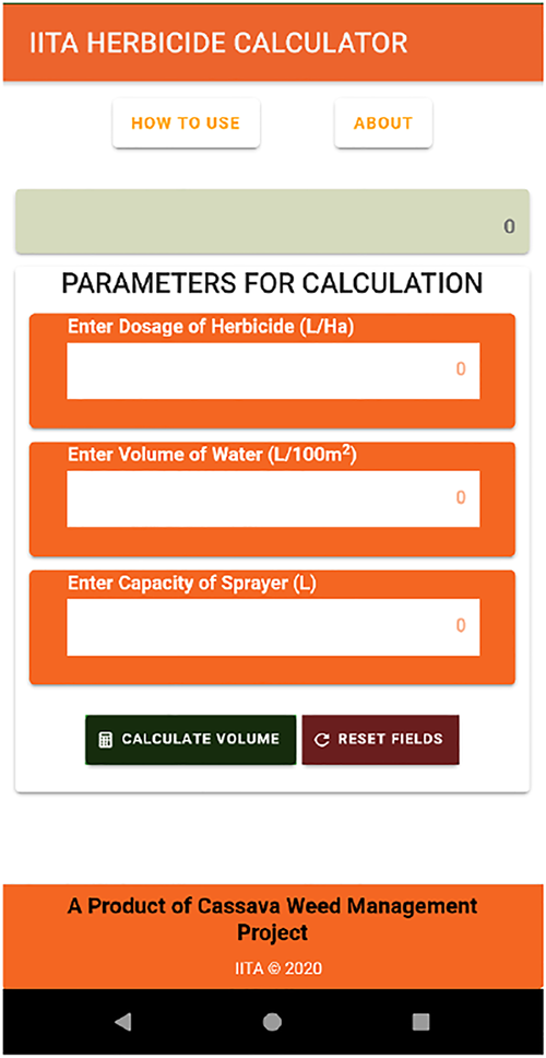A herbicide calculator interface with input fields for dosage, water volume, and sprayer capacity.