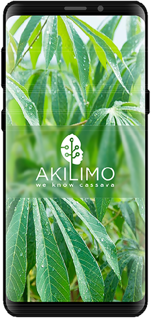 A smartphone screen displaying a logo and text over a background of green leaves with water droplets.